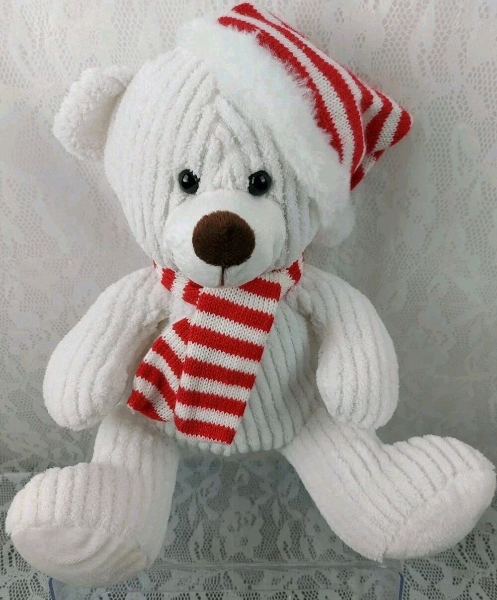 Hug Luv Teddy Bear White Far East Red Striped Hat Scarf Ribbed 12" Plush Stuffed